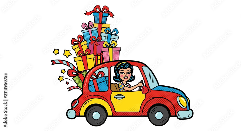 Fototapeta premium Woman Driving Car with Stack of Gift Boxes, Festive Celebration