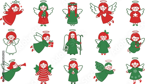 Konstfotografi Set of cute christmas angels, vector illustration of various angelic characters