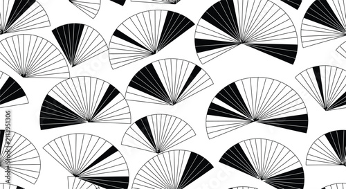 Seamless vector pattern featuring black and white Japanese folding fan silhouettes with radial line segments and solid contrast shapes arranged randomly on a clean white background.