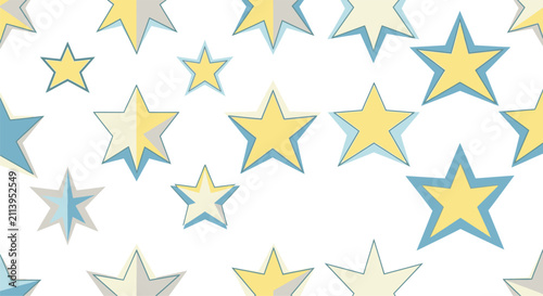 Seamless vector pattern featuring various five and six-pointed stars in pale yellow, light blue, and cream on white. Modern geometric repeat for nursery decor and fabric print.