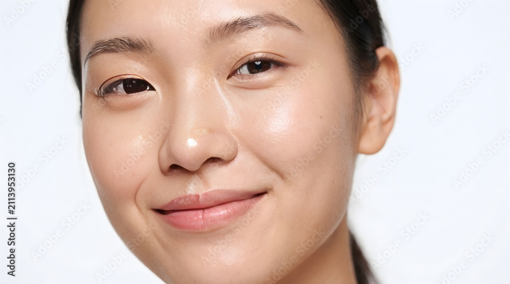 Obraz premium Young Asian woman smiling with flawless glowing skin. Radiant female model showcasing natural beauty and skincare results.