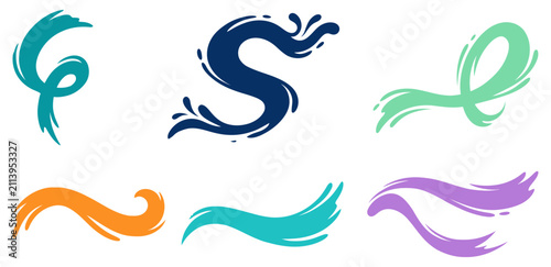 Set of abstract colorful liquid splashes and dynamic water waves isolated on a white background