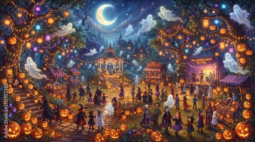 Halloween night festival with glowing pumpkins. Spooky autumn carnival under moonlight.
