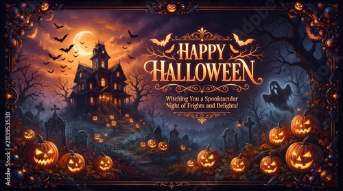 Happy Halloween banner with haunted house. Spooky graveyard scene with glowing pumpkins.