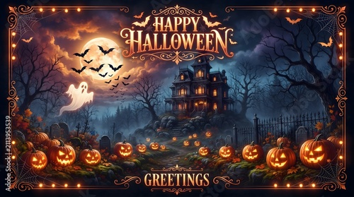 Happy Halloween banner with haunted house. Spooky graveyard scene with pumpkins and moon.