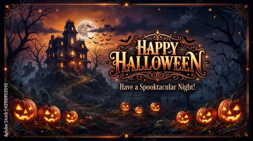 Happy Halloween banner with haunted house. Spooky holiday background with glowing pumpkins.
