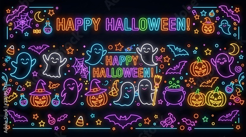 Halloween party banner with glowing ghosts and pumpkins. Spooky festive vector illustration for seasonal promotions and events.
