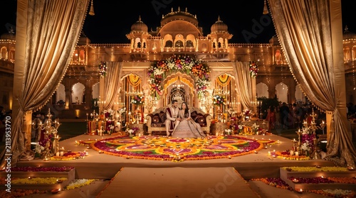 Diwali festival stage decoration. Traditional Indian wedding mandap with golden lighting.