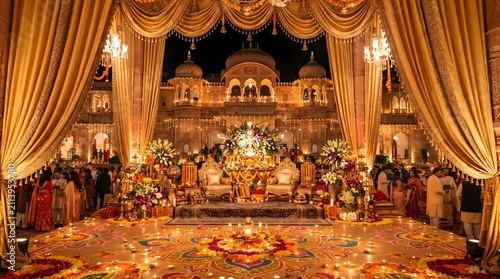 Diwali festival stage decoration. Golden Indian wedding mandap with traditional lights.