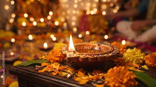 Clay diya lamp with glowing flame. Traditional oil lamp for Diwali festival celebration.