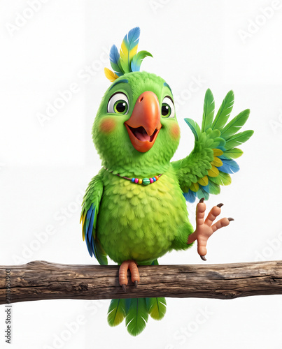 Cute Green Parrot Macaw Cartoon Illustration Sitting on Tree Branch Isolated on White Background Tropical Bird Wildlife Vector Art with Colorful Feathers and Blue Beak