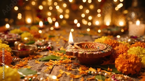 Traditional clay diya lamps with glowing flames for Diwali festival. Handmade earthen oil lamps illuminating warm festive celebration at night.