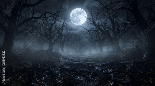 Haunted forest with glowing full moon at night. Mysterious dark woods under eerie moonlight and fog.