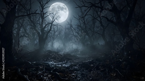 Misty haunted forest under full moon night. Spooky foggy woods with eerie moonlight glow and dark trees.