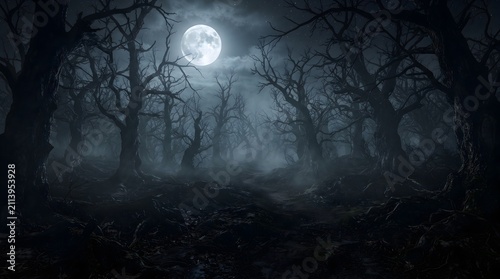 Haunted forest with full moon and eerie mist. Mysterious dark woods scene at night with glowing lunar light.