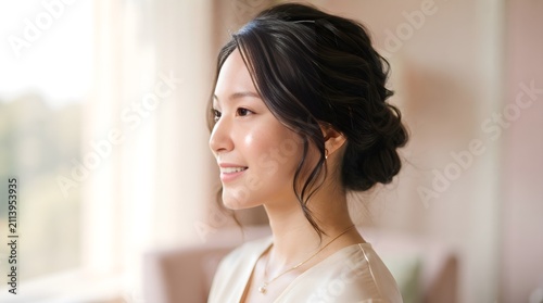 Young woman looking toward sunlight. Elegant lady with bridal hairstyle in soft light.