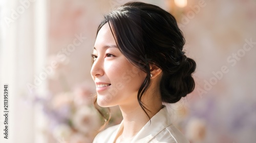 Asian bride looking at sunlight. Elegant woman with bridal hairstyle and makeup.