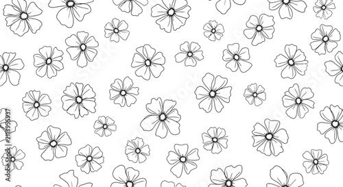 Seamless pattern of hand-drawn black line art flowers on a white background. Floral vector illustration featuring various sizes of blooming wildflowers for textile and wallpaper.