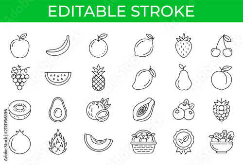 Fruits thin editable line icon set. Apple banana orange lemon strawberry cherry. Fruits Editable Stroke Vector Set