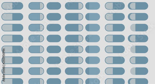 Seamless pattern of blue and gray pharmaceutical capsule icons arranged in a repetitive grid on a light gray background, representing medicine, healthcare, and pharmacy concepts.