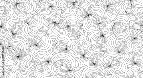 Abstract black and white seamless pattern featuring hand-drawn organic concentric circles and wavy lines. Minimalist monochromatic topographical line art background for wallpaper or textile.