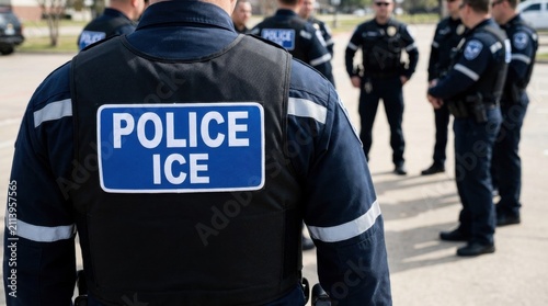 Police ICE agent from behind showing uniform patch on navy vest as officers stand in background in daytime scene