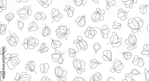 Seamless pattern of minimalist black line art flower petals and botanical shapes hand-drawn on a plain white background, ideal for textile design, wallpaper, and wrapping paper.