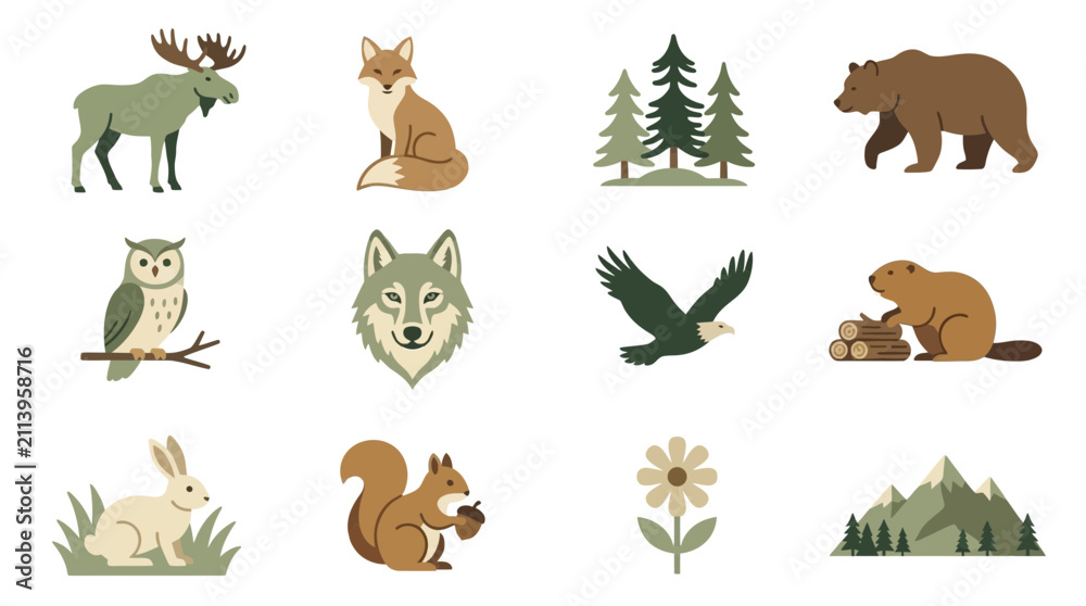 Obraz premium Forest Animals and Nature Elements Collection: Flat Icons Set