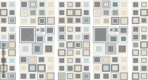 Abstract geometric pattern featuring a repeating grid of nested squares and rectangular shapes in a neutral palette of grey, beige, and muted blue tones on a clean white background.