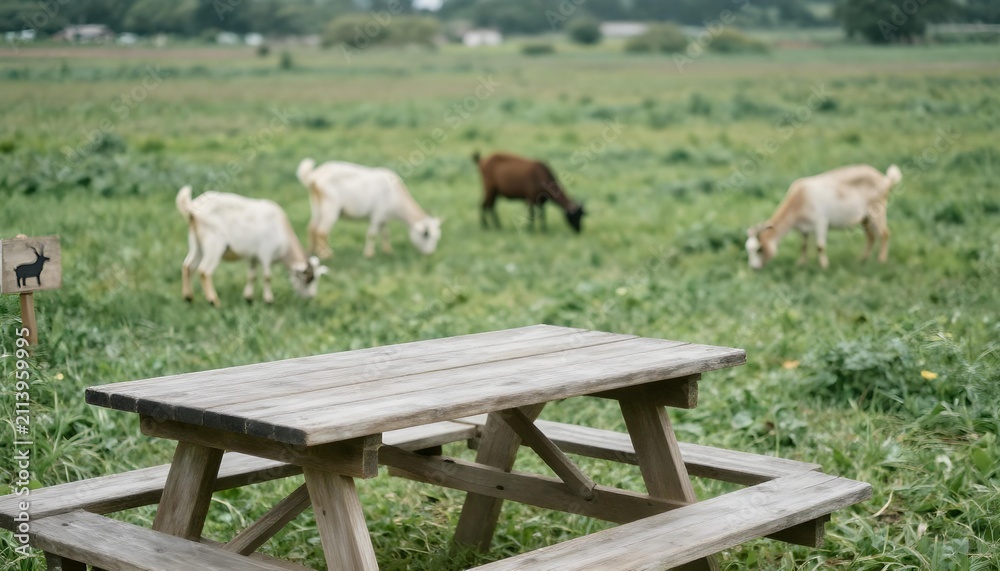 Fototapeta premium A picnic table in a field with goats, emphasizing artisan goat cheese dishes for a delightful summer picnic experience