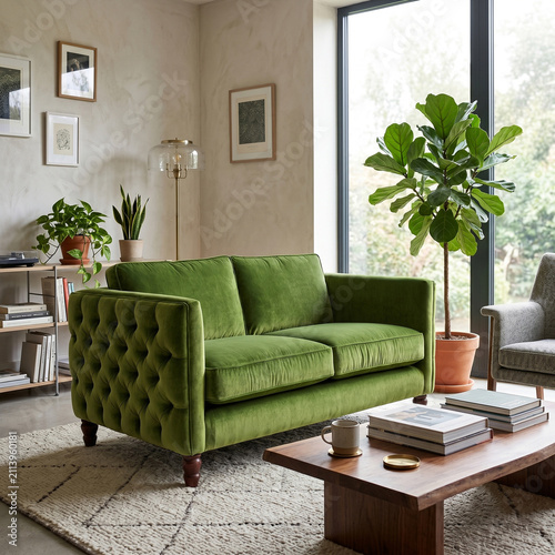 Green velvet tufted two-seater sofa in a modern living room