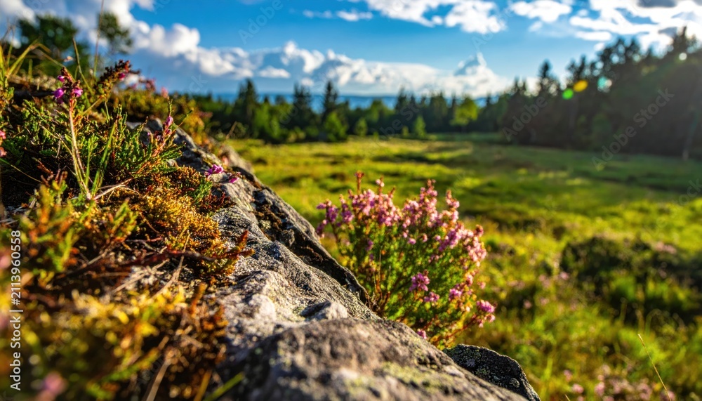 Obraz premium Vibrant Meadow with Wildflowers and Lush Greenery Under a Sunny Sky.