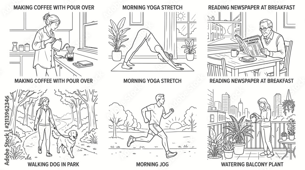 Obraz premium Set of daily morning routine activities in line art style.