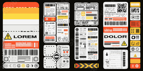 retro futuristic industrial labels vector illustration barcode code warning sign lorem dolor graphic design packaging manufacturing technology black background orange yellow white text
