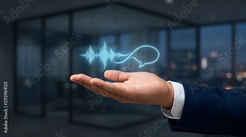 Voice recognition sound wave hologram floats over an open hand