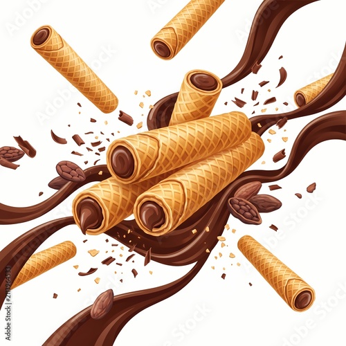 Crispy chocolate wafer rolls with liquid chocolate splash and cocoa beans on white background
