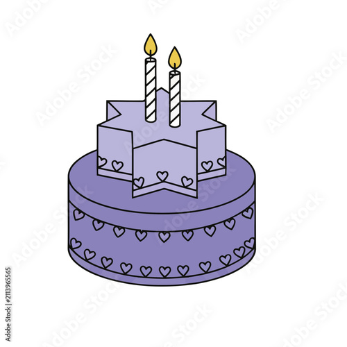 Purple Birthday Cake with Two Candles and Hearts