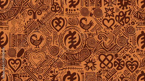 Seamless Pattern of Traditional West African Adinkra Symbols.