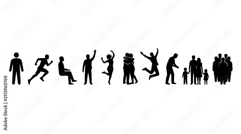 Obraz premium Set of black silhouettes of people in various daily life activities.