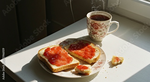 Sunlight Breakfast: Toast with Jam and Steaming Tea, Cozy Morning Scene.