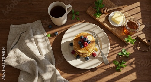 Sunny Morning Pancakes: Berry Topped Stack with Coffee and Honey