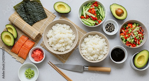 Sushi Ingredients Flat Lay: Rice, Salmon, Avocado, and Vegetables on Neutral Background