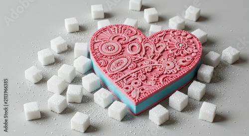 Sweet Indulgence: Pink Heart Cake with Sugar Cubes on Gray Background