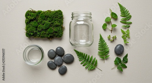 Terrarium Elements: Moss, Jar, Ferns, and Stones Arranged on Neutral Surface
