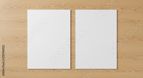 Two Blank White Rectangles on Light Wood Surface, Mockup Template, Top View