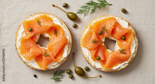 Two Smoked Salmon Bagels, Fresh Dill, and Capers, Elevated Breakfast Delight