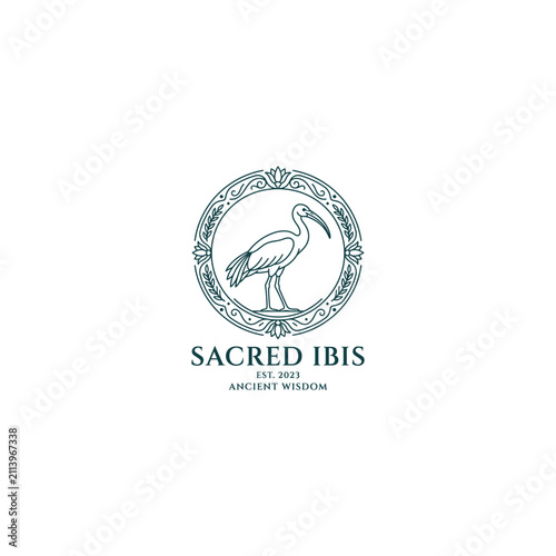 Minimalist Sacred Ibis Logo with Ancient Wisdom Text and Frame