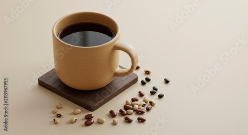 Warm Beige Mug of Coffee with Scattered Beans, Minimalist Still Life