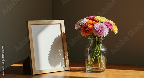 Wooden Frame, Colorful Flowers, and Natural Light