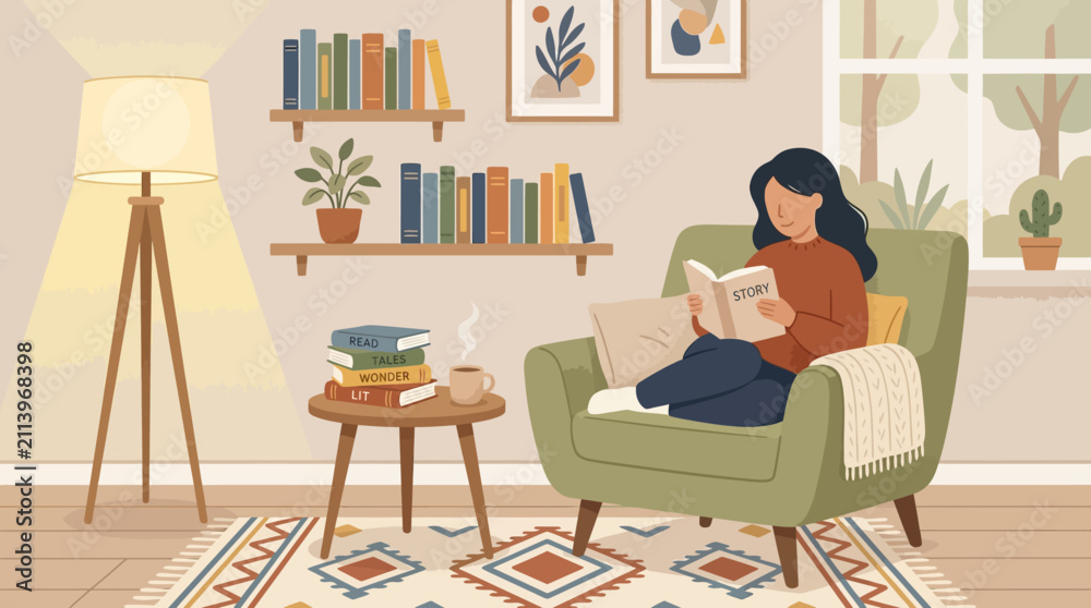 Fototapeta premium Woman Relaxing Reading Book in Cozy Living Room Scene.